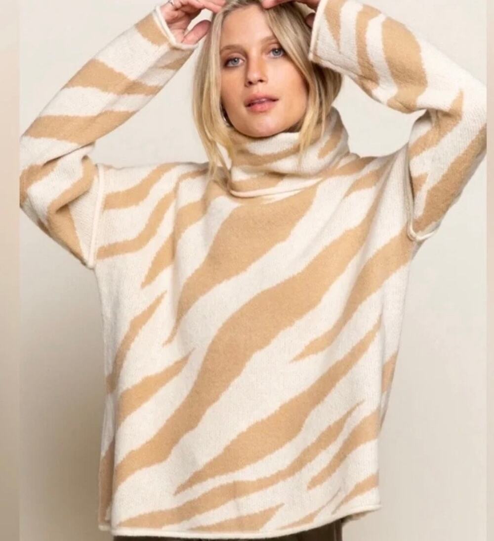 POL zebra in camel turtleneck sweater in camel size L